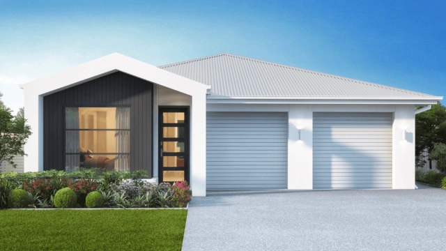Modern two-storey residential house with timber accents and a grey garage